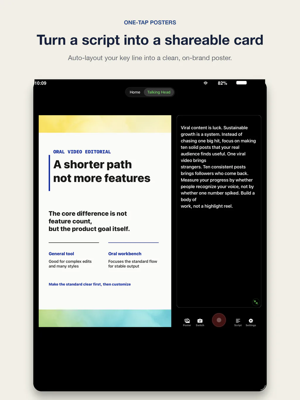 A poster card as the main visual in talking-head mode on iPad