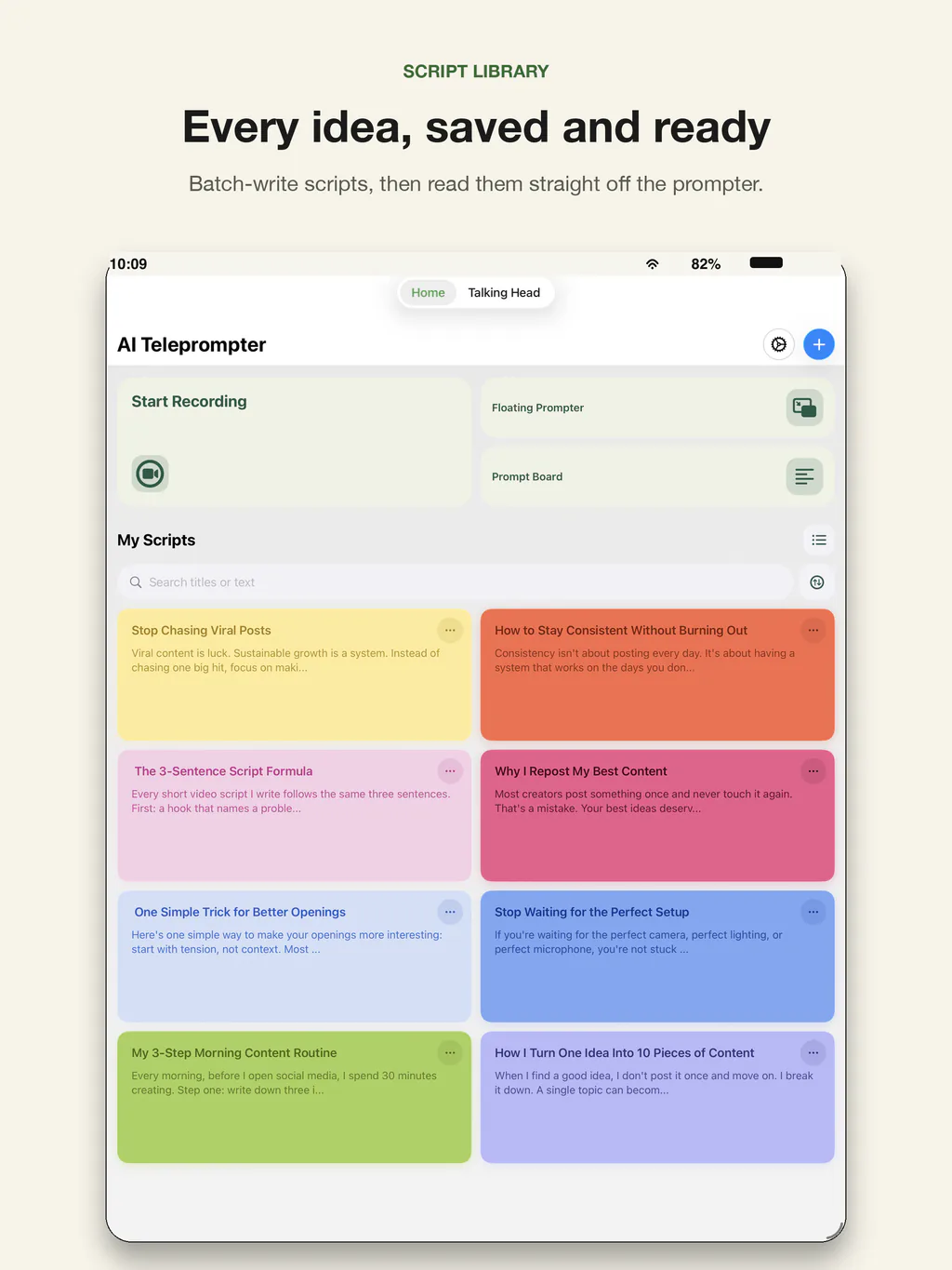 AI Teleprompter script library on iPad