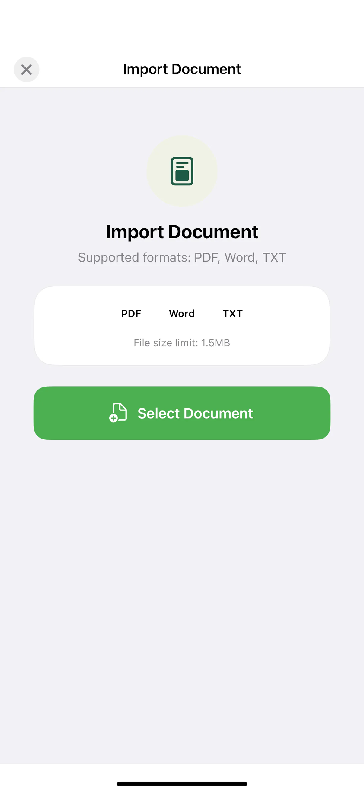 The Import Document sheet in AI Teleprompter listing PDF, Word, and TXT support