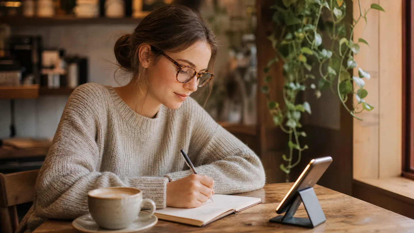 A writer drafting a script by hand in a cafe, with a phone resting on a small stand
