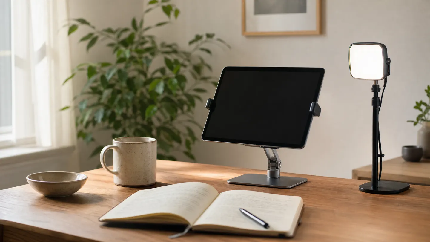 iPad 架在桌面支架上，旁边是一盏小型补光灯、一本摊开的笔记本和一只马克杯