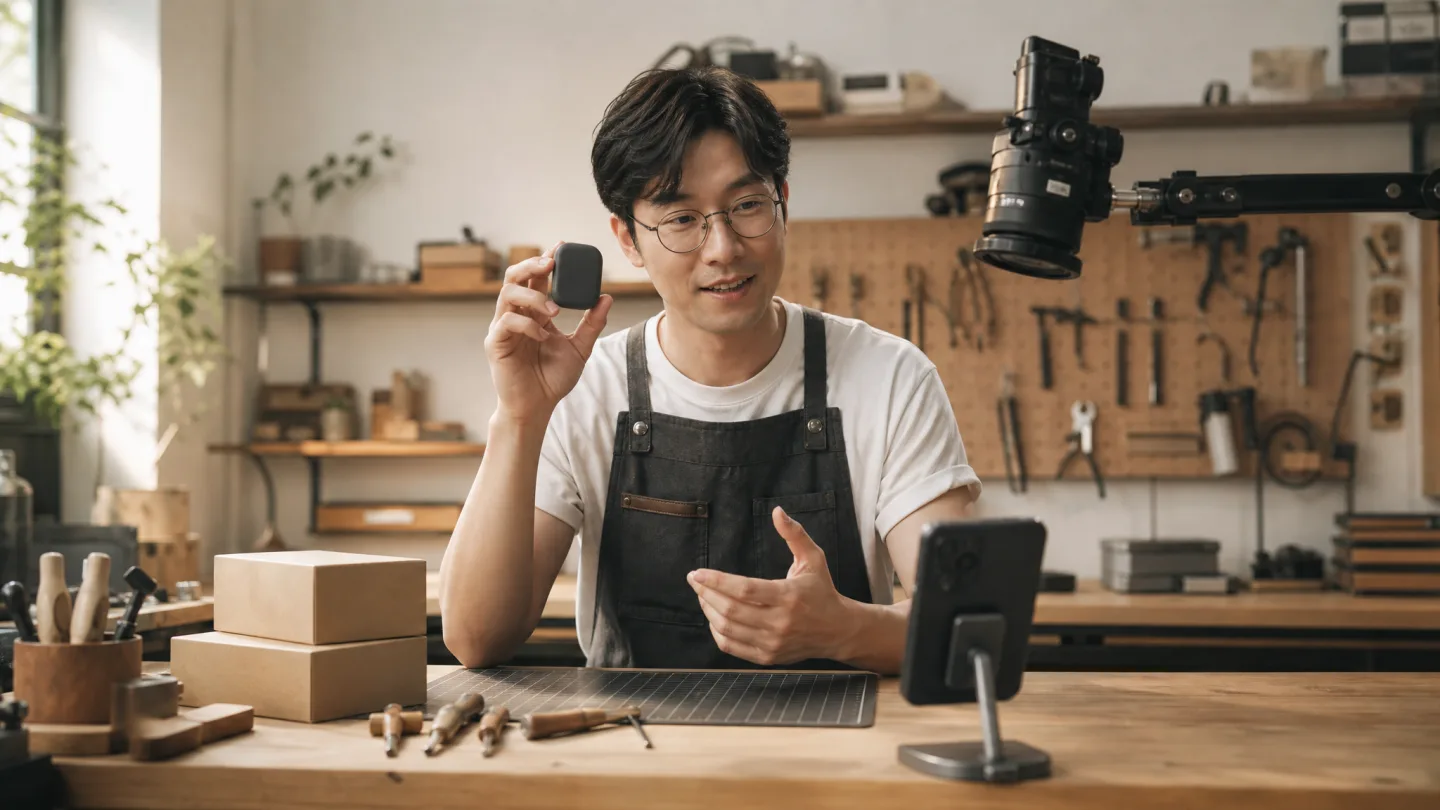 A maker presenting a small product at a workbench with an overhead camera and a phone teleprompter