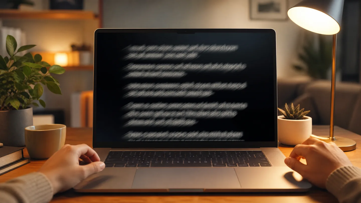 A laptop in fullscreen prompter mode with large scrolling lines glowing in a warm evening room