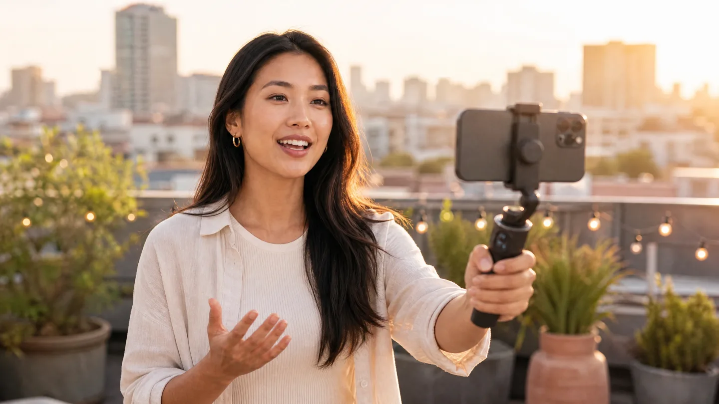 A creator recording herself outdoors with a phone on a handheld gimbal at sunset