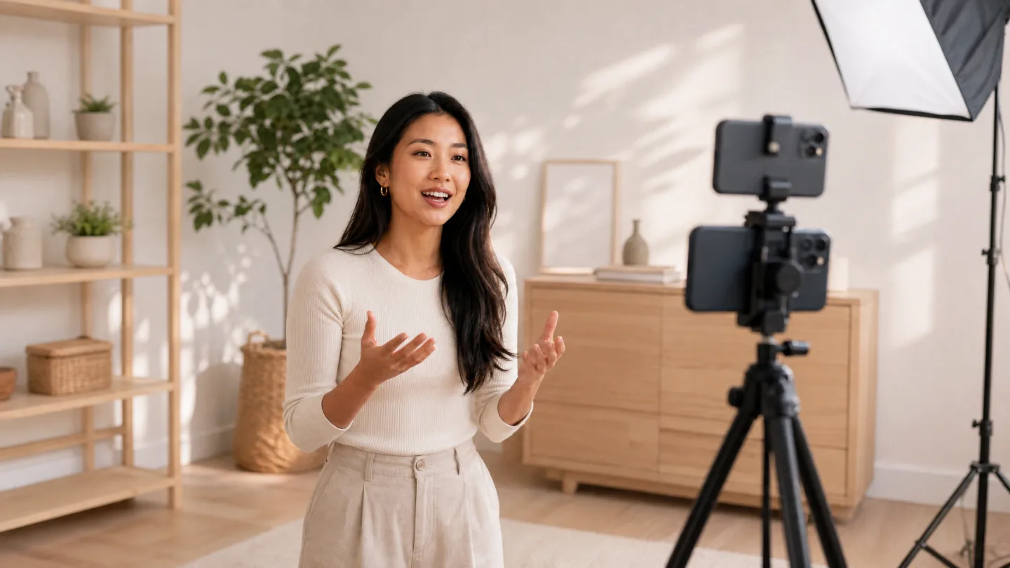 A creator mid-recording in a bright home studio, speaking toward a phone mounted above the camera
