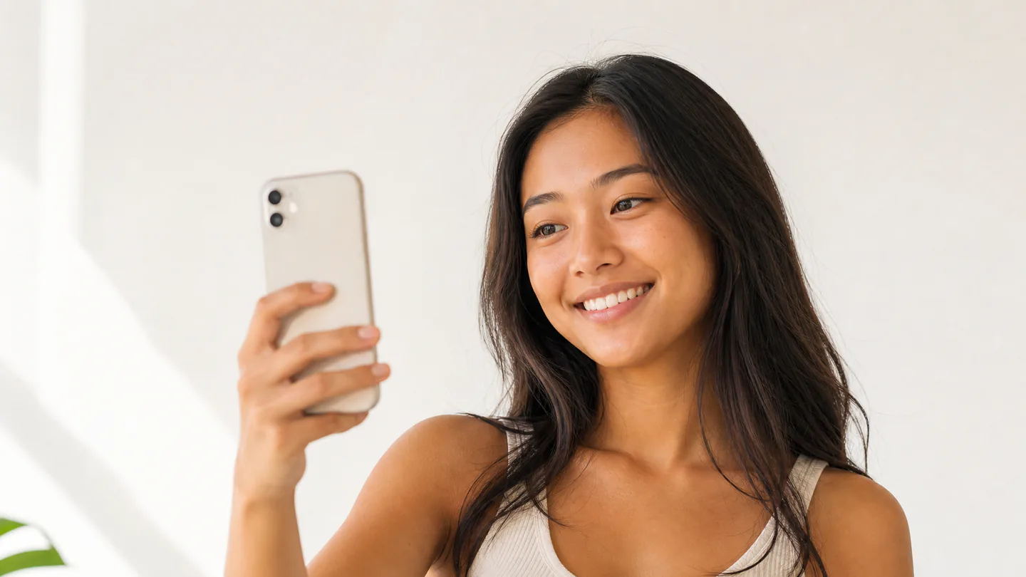 A creator talking to a phone held at arm length in bright daylight