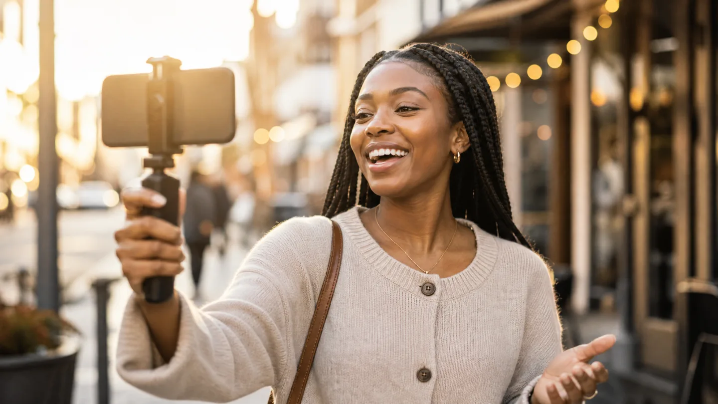 A creator talking to a handheld phone on a grip while walking down a sunlit street