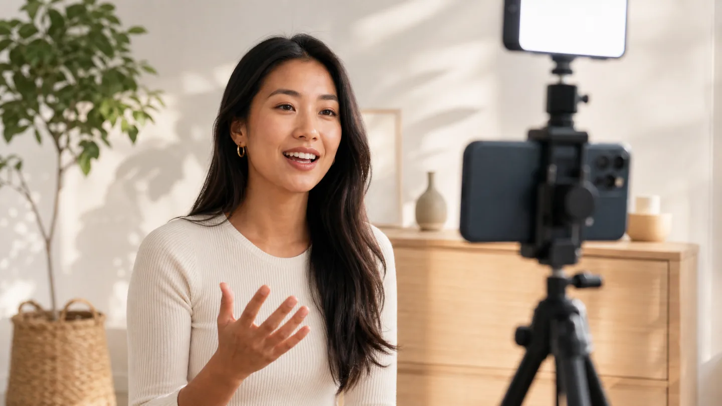 A creator speaking toward a phone on a tripod with her eyes near the lens