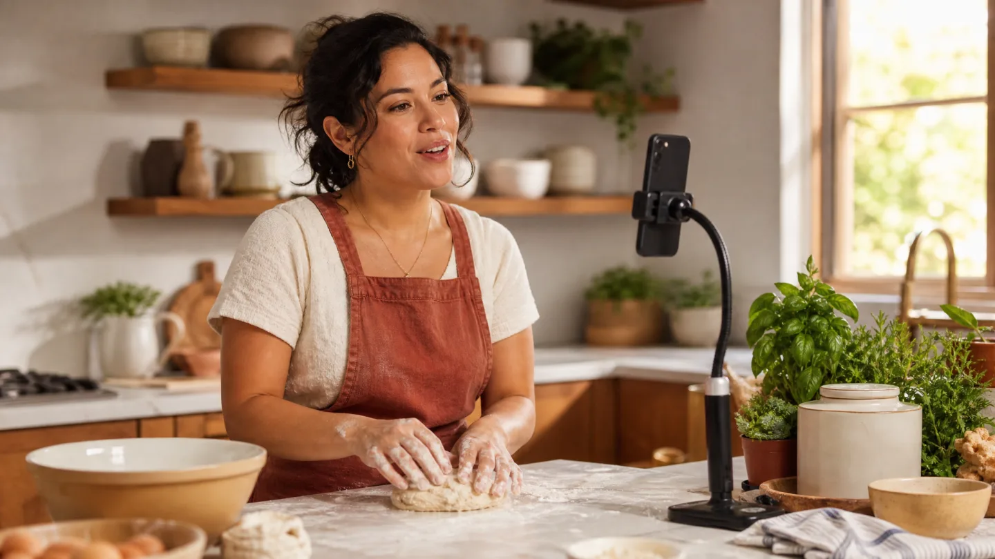 A cooking creator with busy hands talking toward a phone teleprompter in a bright kitchen