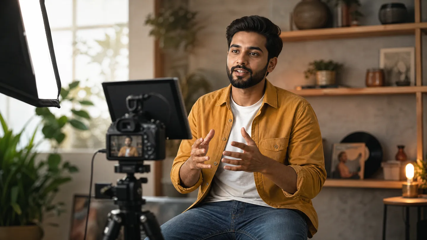 A creator recording in a home studio corner with a camera, a softbox, and a prompt screen above the lens