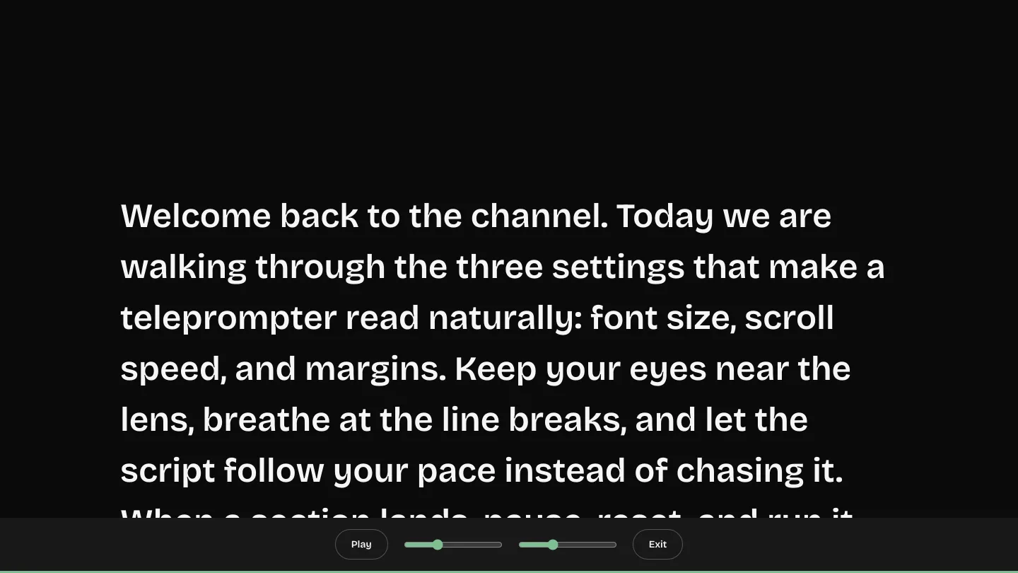 The free browser teleprompter in fullscreen scrolling mode with live speed and size controls